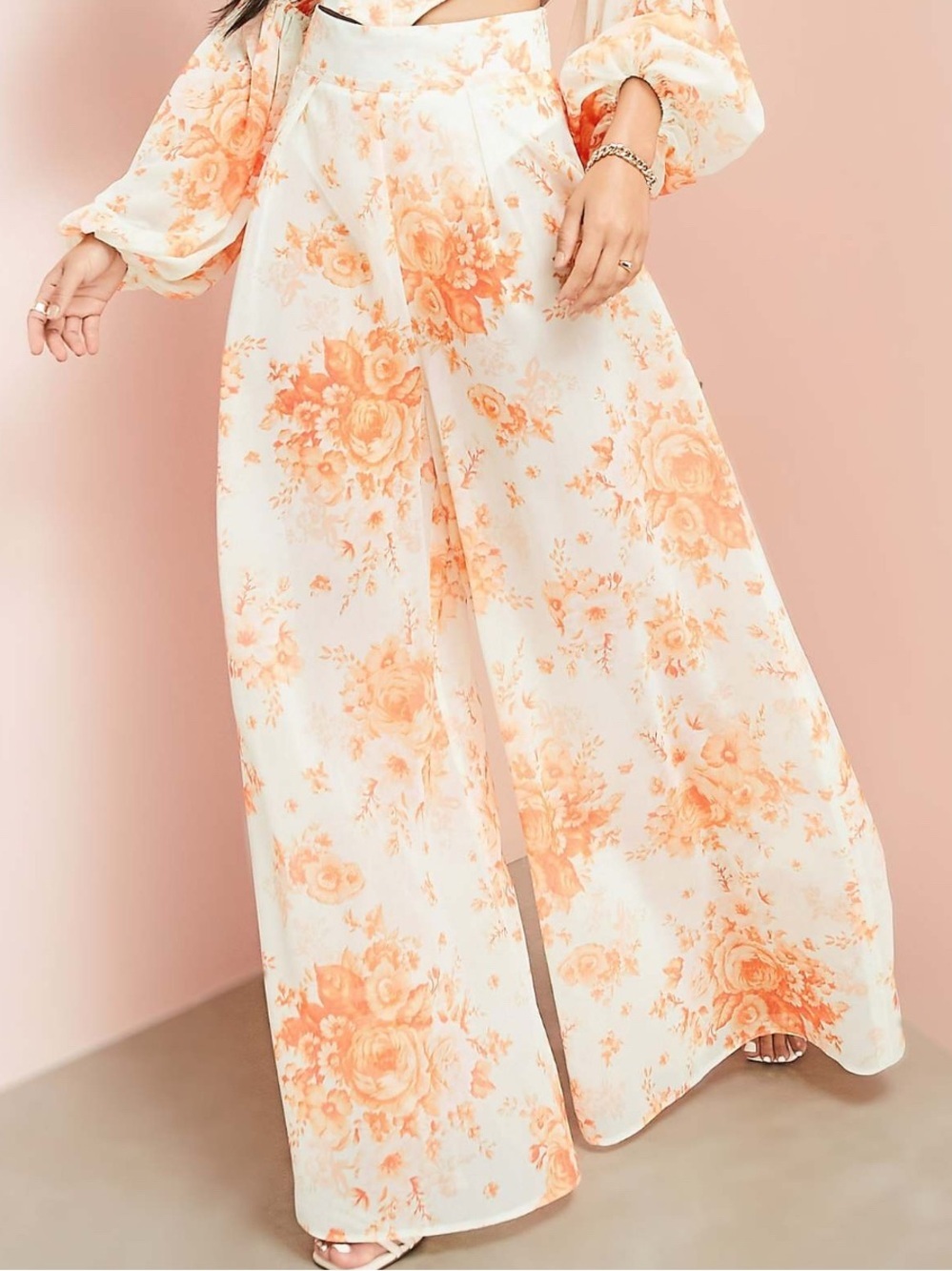 Botanical Peach Floral Sheer Chiffon Wide Leg Pants ASOS Luxe